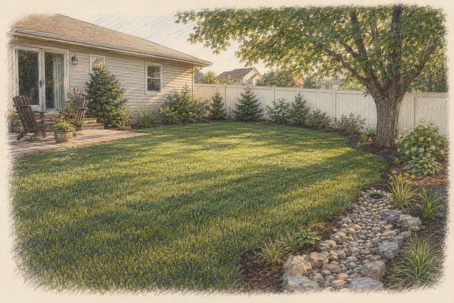 Same backyard with dry creek bed and healthy lawn