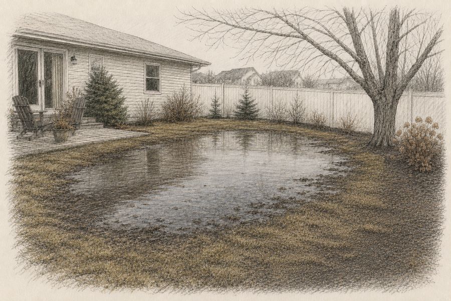 Backyard with poor drainage before work