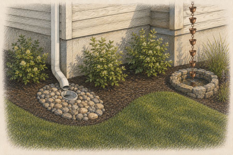 Same corner with river-stone catch basin and rain chain