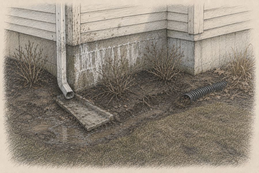 Downspout dumping at foundation before work