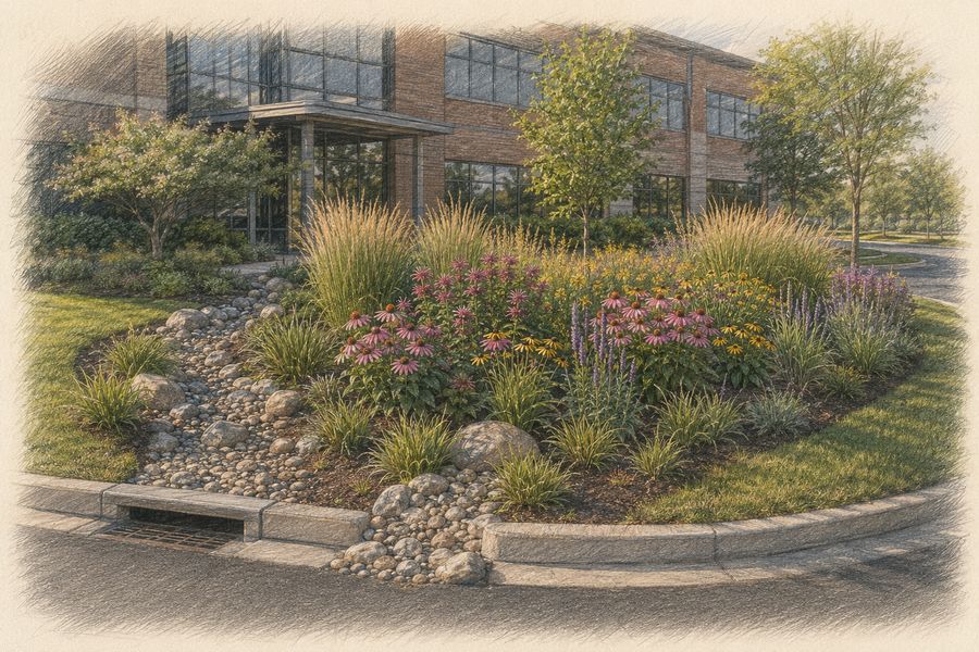 Same entrance with a signature rain garden