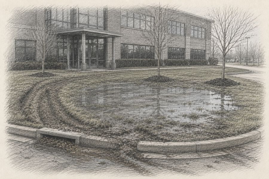 Commercial entrance with standing water before work