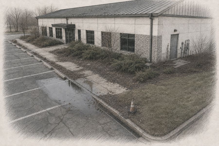 Commercial frontage overgrown and ponding before work