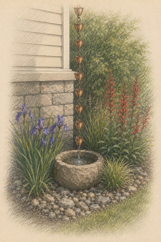 Downspout beautification with copper rain chain and stone basin