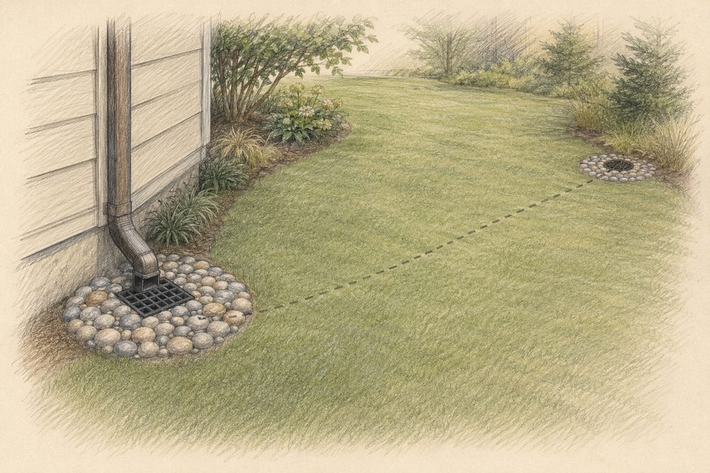 Buried downspout diversion with river-stone inlet surround