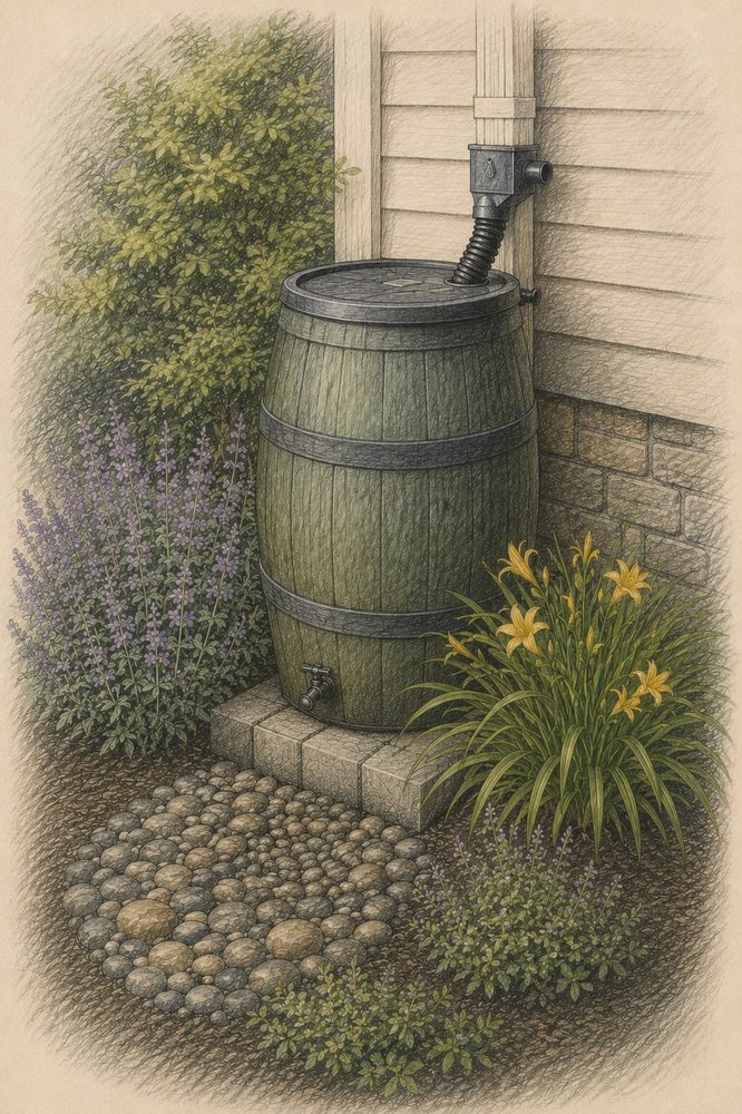 Rain barrel install on a level base with native plantings
