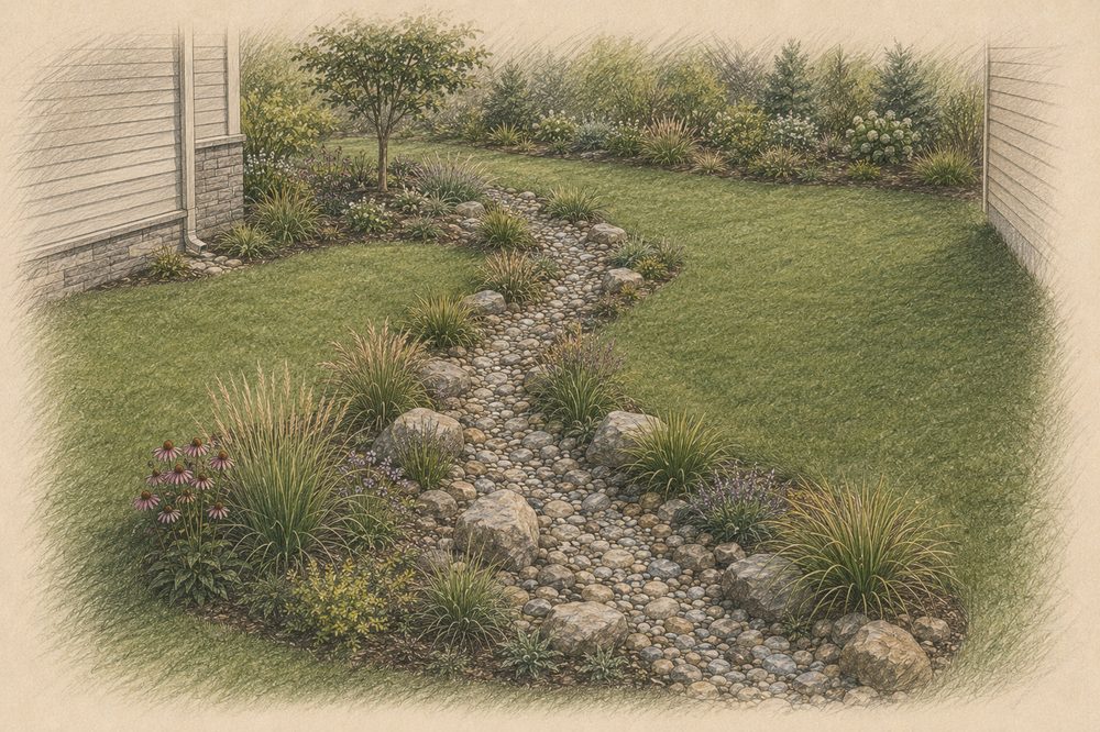 Dry creek bed of hand-set river rock winding through a lawn