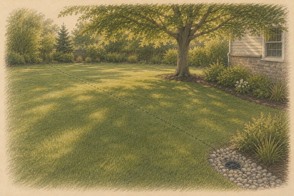 French drain outlet finished with river stone in a rear yard
