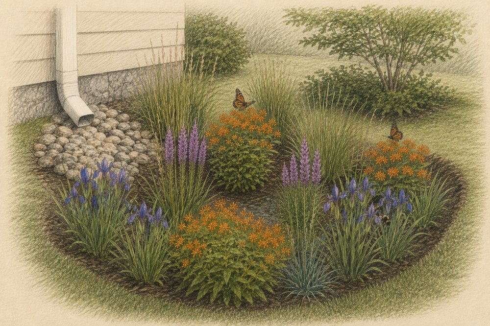 Starter rain garden of native blooms fed by a downspout