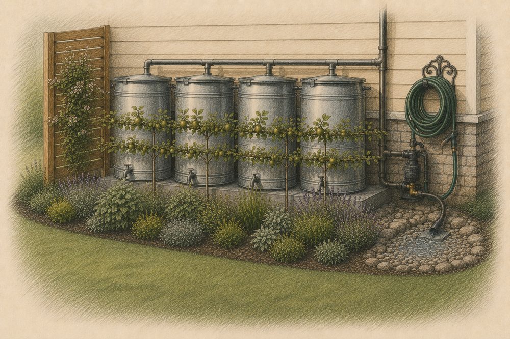 Linked multi-barrel rain capture bank along a fence