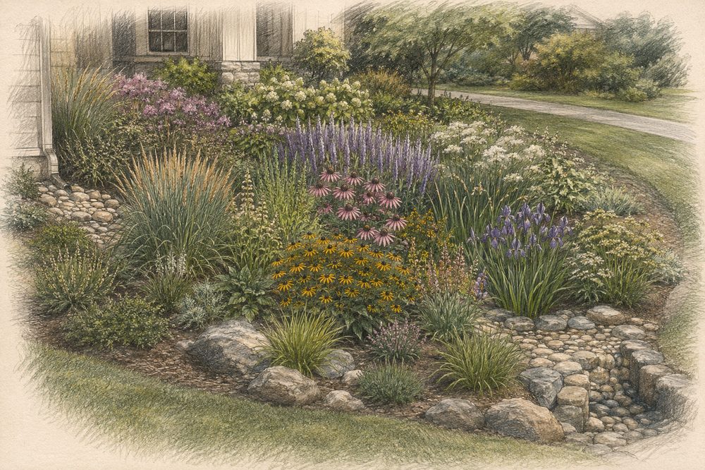 Signature native rain garden in full summer bloom