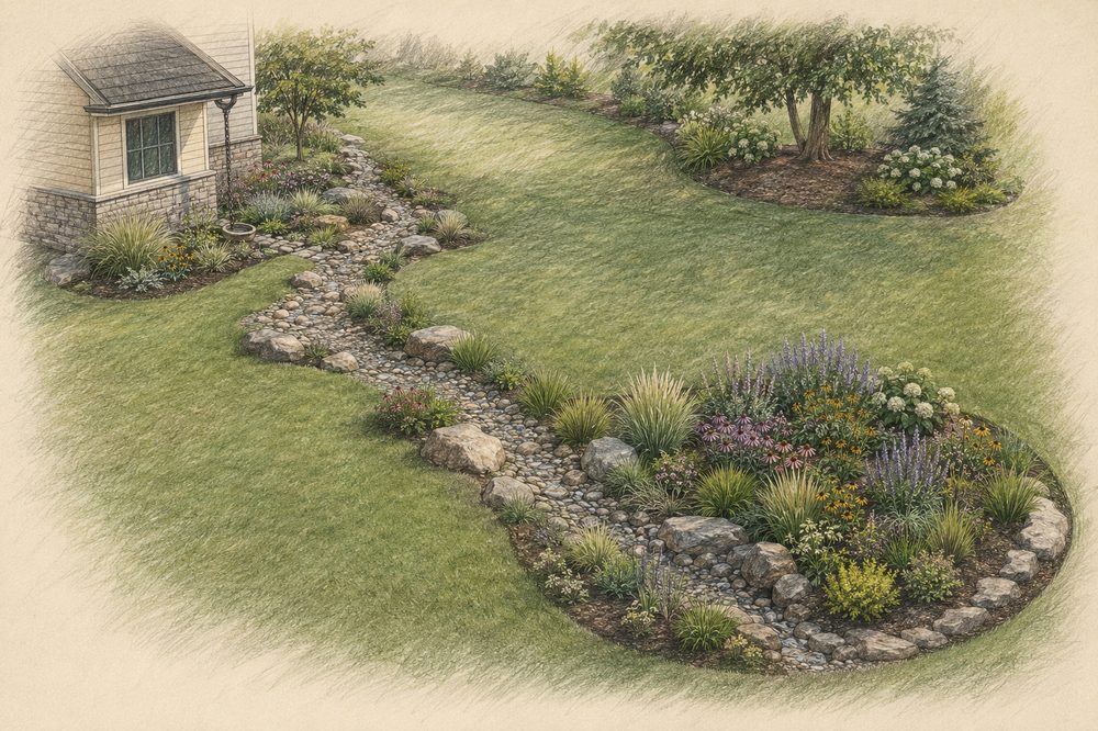 Rain garden and dry creek combination across a property