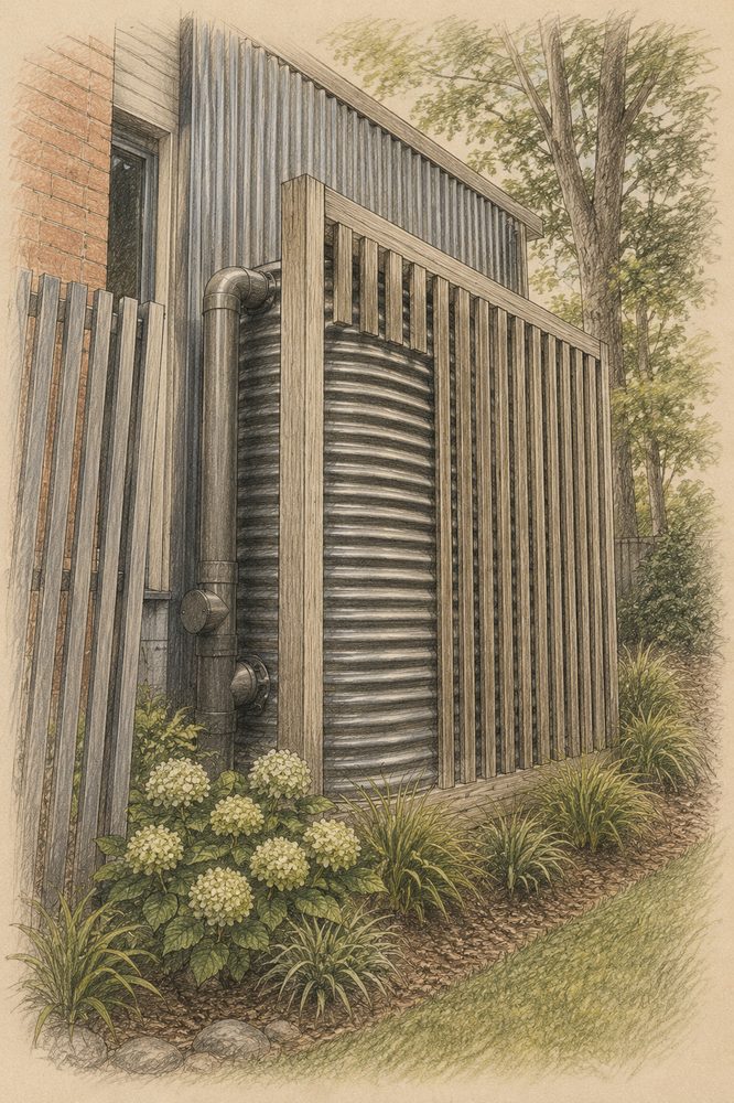 Above-ground cistern with a cedar screen surround