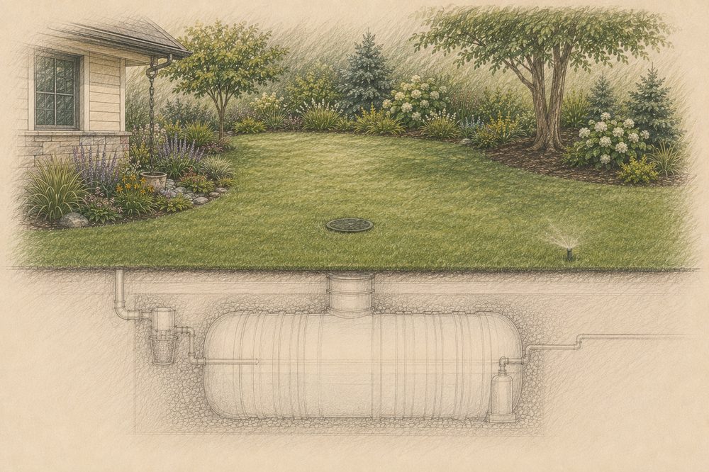 Buried cistern cutaway with lawn restored above