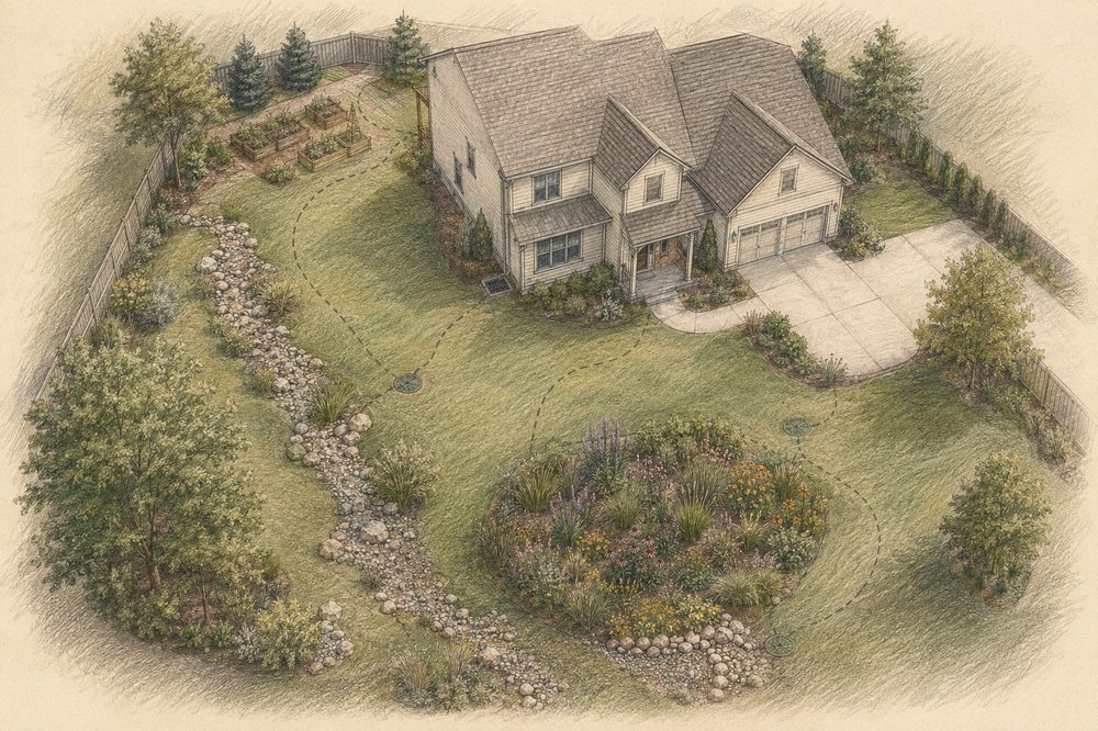Whole-property stormwater system - dry creek, rain garden, and buried components working together